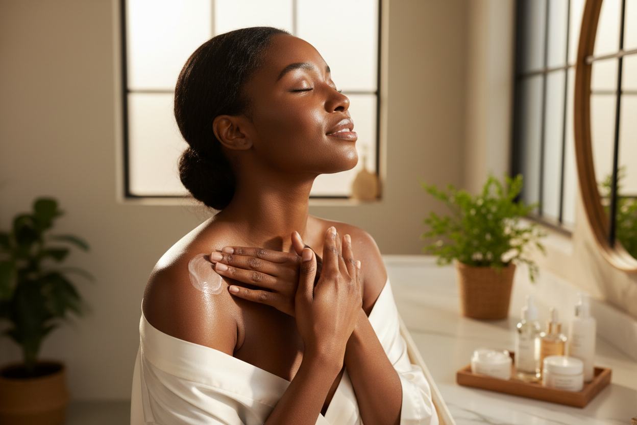 Black woman applying cream to shoulders